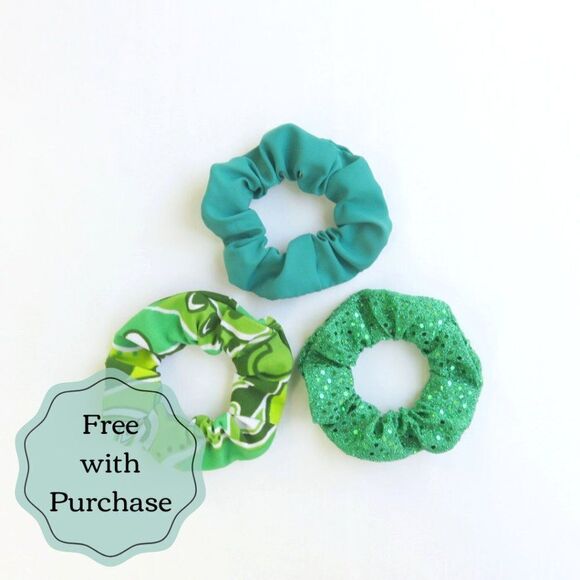 Green Scrunchies - Setof 3 - Upcycled Handmade - Sequins - FREE W/ PURCHASE      - Picture 1 of 10